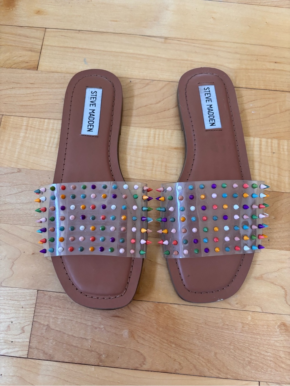 Steve Madden Crusade Slide Sandals with Multicolor Studs, Clear Vinyl